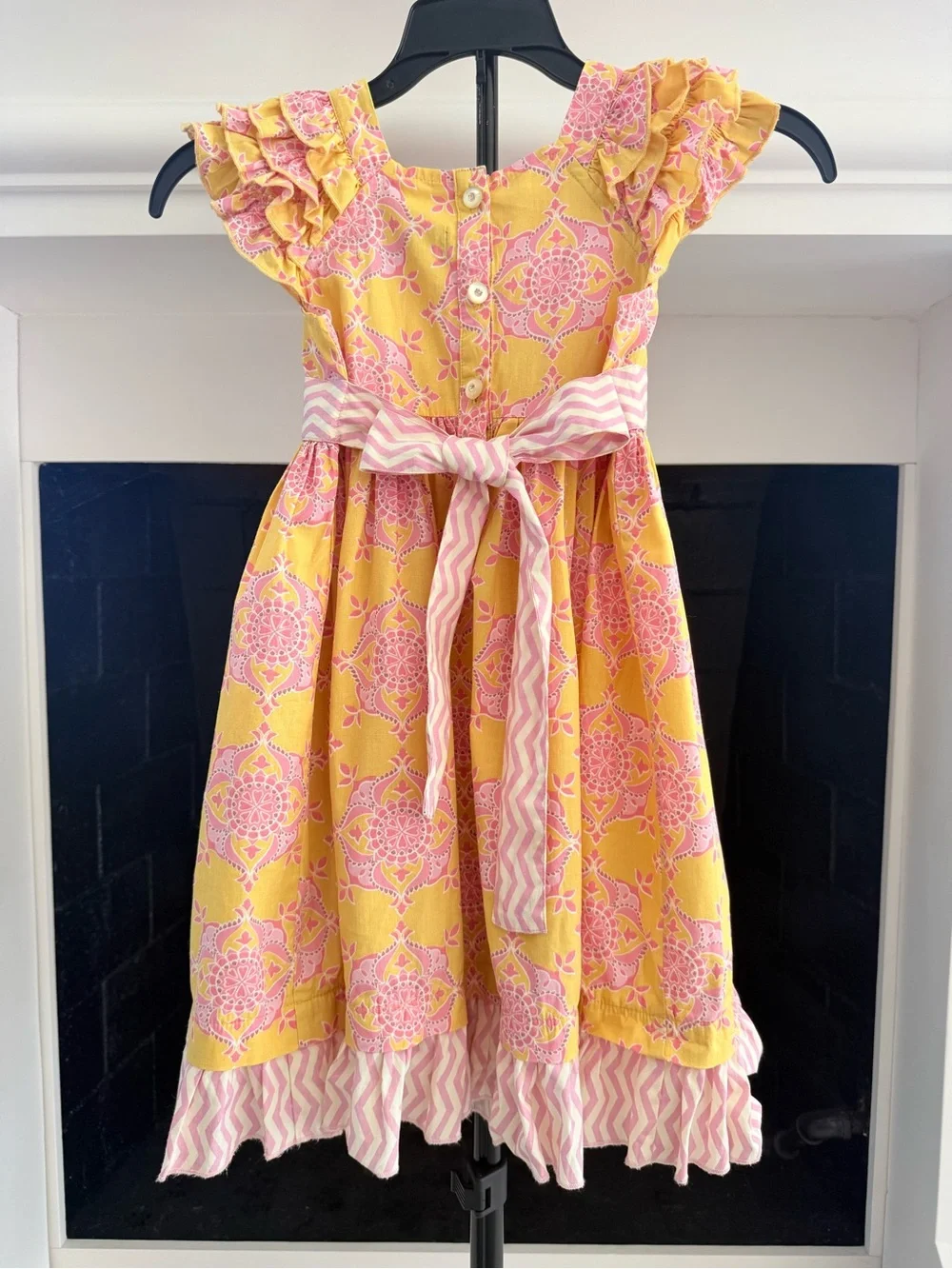 Mustard Pie Yellow and Pink Ruffle Floral Dress with Waist Flower- Girls 6X